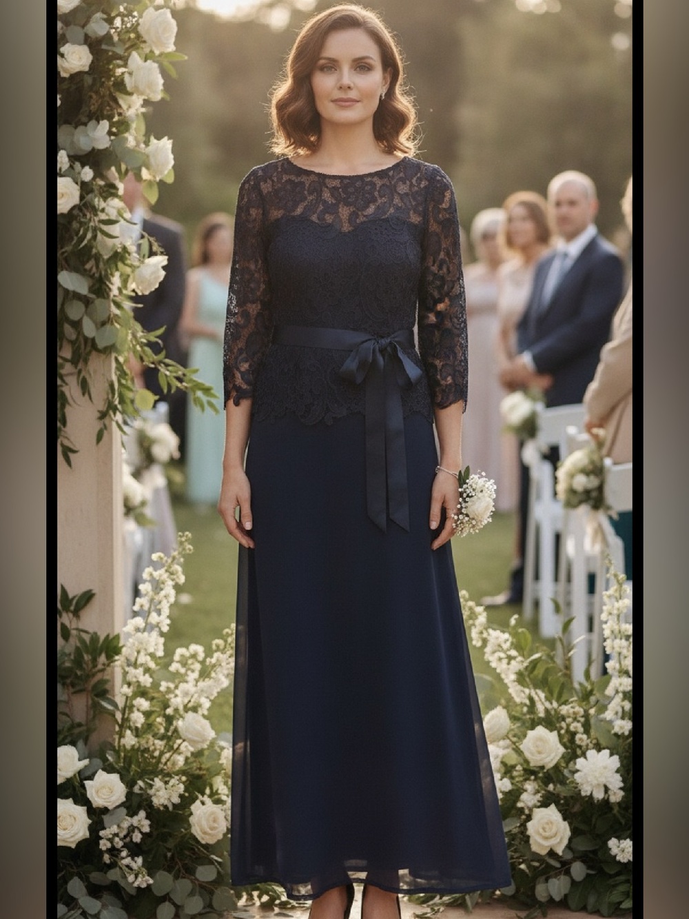 Patra Elegant Navy Lace A-Line Evening Dress with Satin Waist Tie